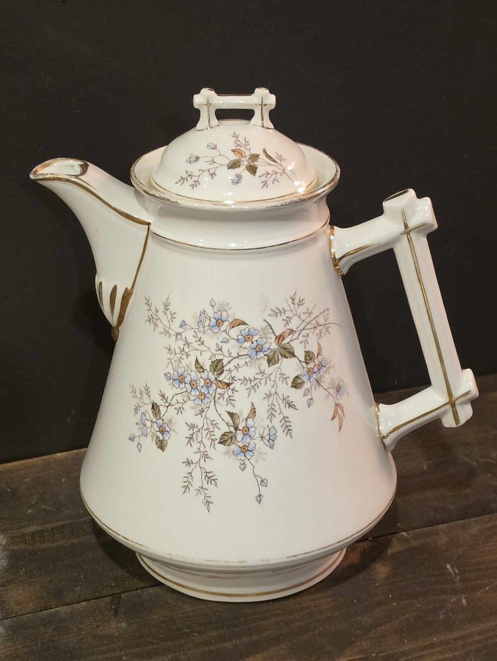 Antique Hermann Ohme Silesia Porcelain Coffee Pot 1485 Blue Floral Twig Handle